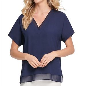 DKNY V-Neck Chiffon-Trim Top